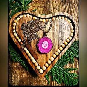 Valentines Wood Coaster & Gift Pink Druzy Gold Necklace